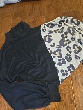Black Turtleneck Sweater with Cream & Black Leopard Panel